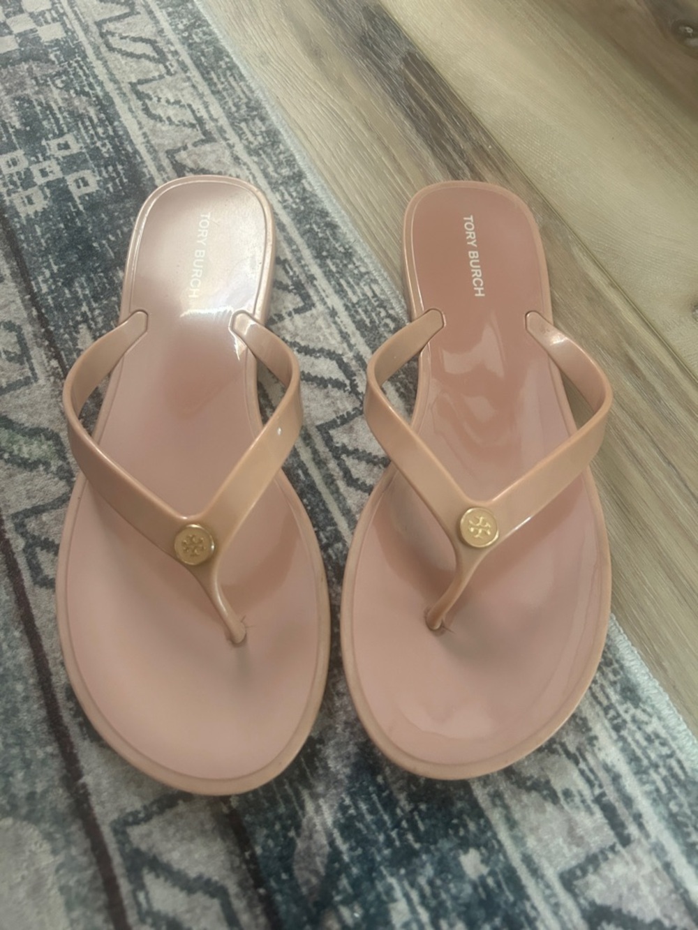 Tory Burch Blush Pink Jelly Flip Sandals with Gold Logo